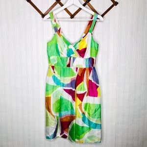 Muse NWOT feminine green multicolored watercolor silk dress Zipper back size 6